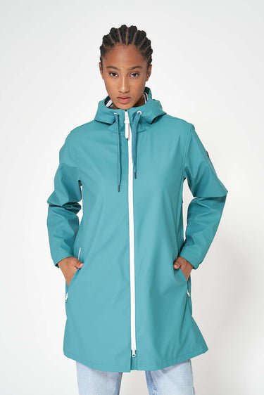 Long Teal Raincoat with Visible Zipper
