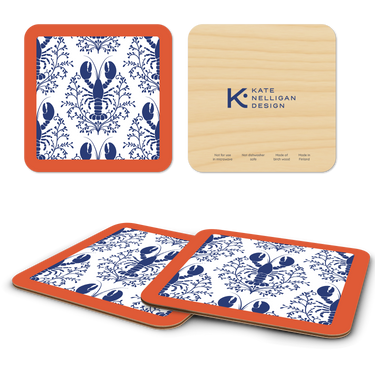 Lobster Damask Pattern - Blue Wooden Coasters