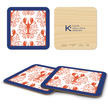 Lobster Damask Pattern - Red Wooden Coasters
