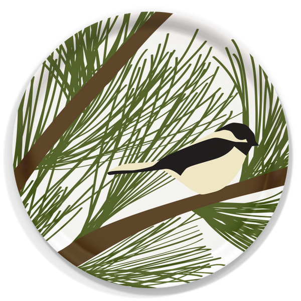 Chickadee & Pine Large Round Wooden Tray