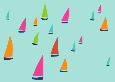 Colorful sailboats scattered on aqua greeting card