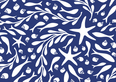 Navy and white tidepool pattern with starfish, shells, and fish