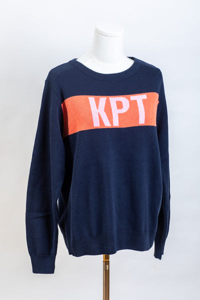KPT Classic Knit Crewneck Pullover - Navy with Orange & Pink