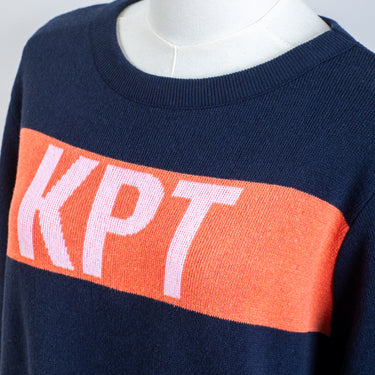 KPT Classic Knit Crewneck Pullover - Navy with Orange & Pink
