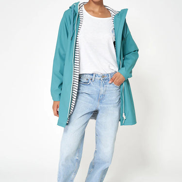 Long Teal Raincoat with Visible Zipper