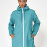 Long Teal Raincoat with Visible Zipper