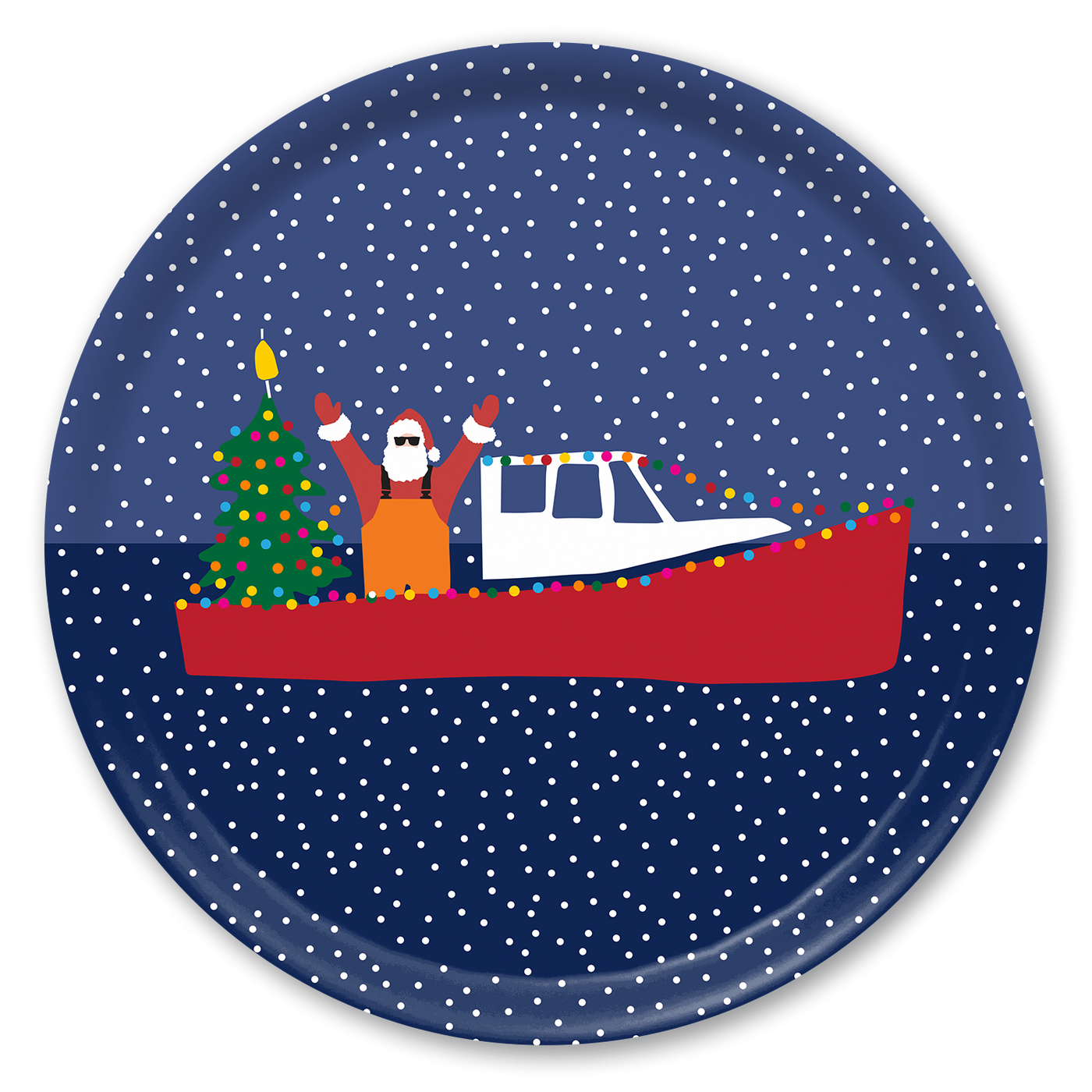 Santa on a Boat Round Wooden Tray