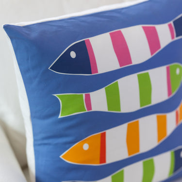 Blue Picket Fish on Linen-Cotton Canvas Pillow